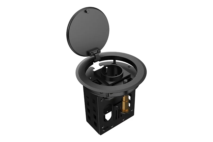 Лючок врезной в стол Wize Pro WRTS-RRTQ-B откидная алюм. крышка, розетка 220В -1 шт, 3 отверстия keystone для модулей WRTS-RR, черный