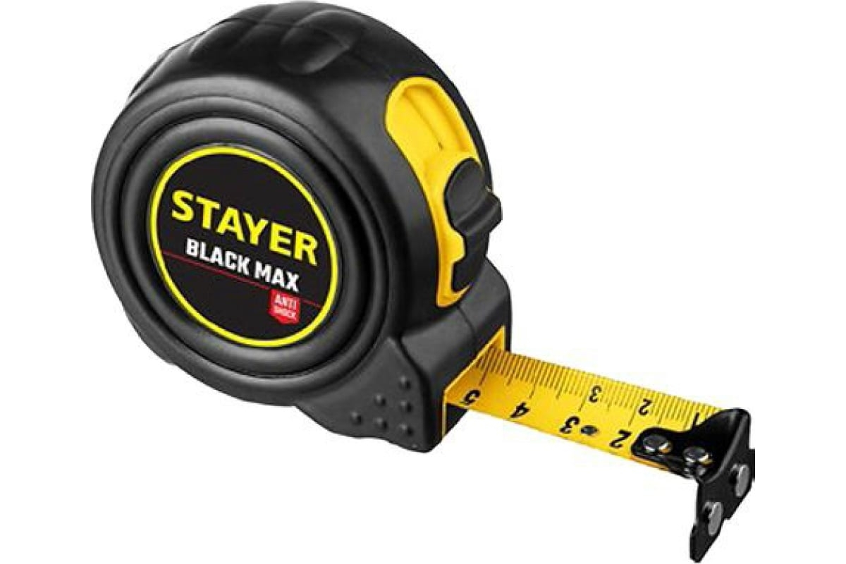 Рулетка STAYER BlackMax 10м/25мм в ударостойком полностью обрезиненном корпусе и двумя фиксаторами