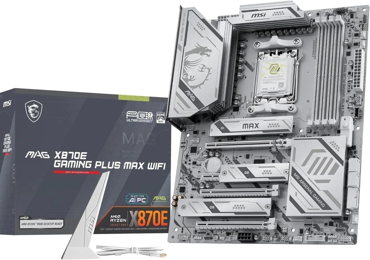 Материнская плата MSI MAG X870E GAMING PLUS MAX WIFI, AM5, AMD X870E, 4xDDR5 (до 256 ГБ), 4xSATA, 3xM.2 (1xPCIe 5.0, 2xPCIe 4.0), 1xPCIe 5.0 x16, 1xPCIe 4.0 x16, 1xPCIe 3.0 x16, 1xPCIe x1, 1xHDMI, 1x5Gb LAN, Wi-Fi 7, Bluetooth 5.4, 1xUSB-C 40Gbps (USB4), 1xUSB-C 20Gbps, 2xUSB-A 10Gbps, 2xUSB-A 5Gbps, 4xUSB-A 2.0, 3x3.5 мм + S/PDIF оптический, 7.1, белый, ATX