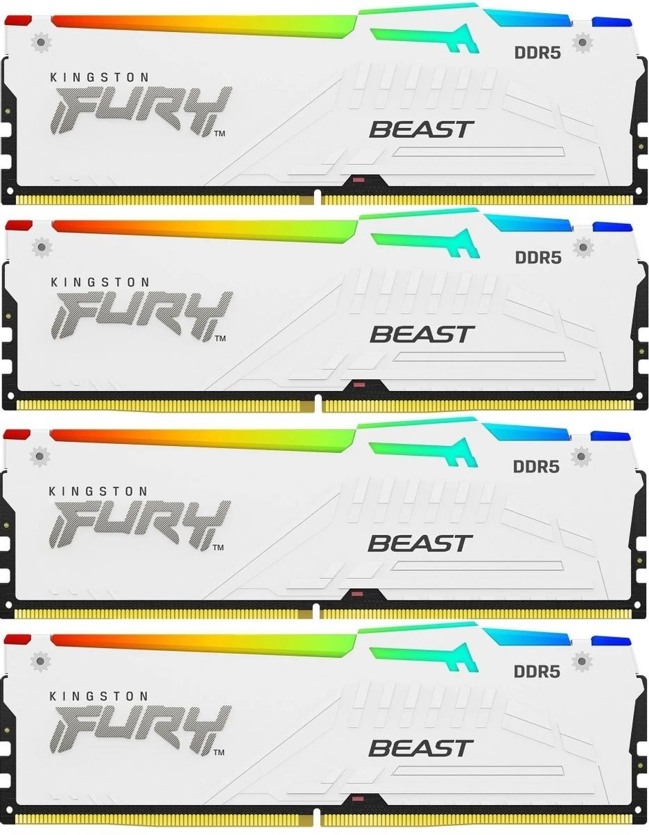 Оперативная память Kingston Fury Beast, DDR5, 128Gb (4x32 Gb), 5200 MHz, CL40, радиатор, RGb, белый