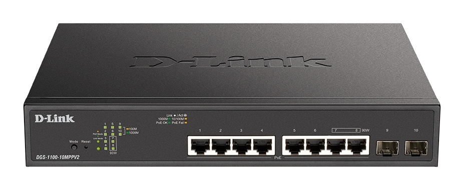 Коммутатор D-Link DGS-1100-10MPPV2/A3A, 8×1 Гбит/с + 2×1 Гбит/с SFP, настраиваемый