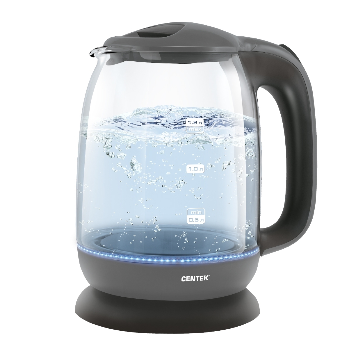 Чайник Centek CT-0034 (серый) Vancouver стекло, 1.8л, 2200 Вт, внутренняя LED подсветка, кнопка