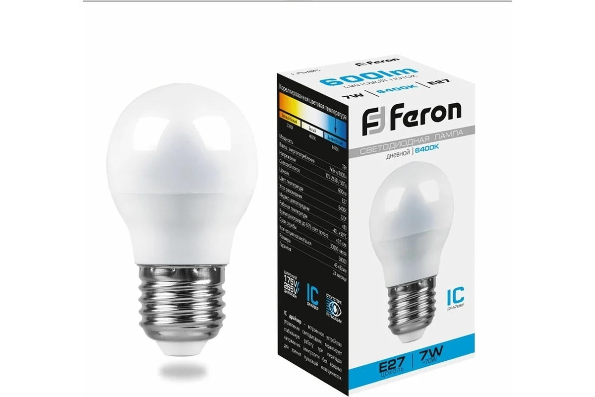 Лампа светодиодная Feron LB-95 7W 230V E27 6400K G45