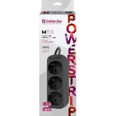 Удлинитель сетевой Defender M318 черный, 1.8 м, EURO, 3 розетки, 2200 Вт