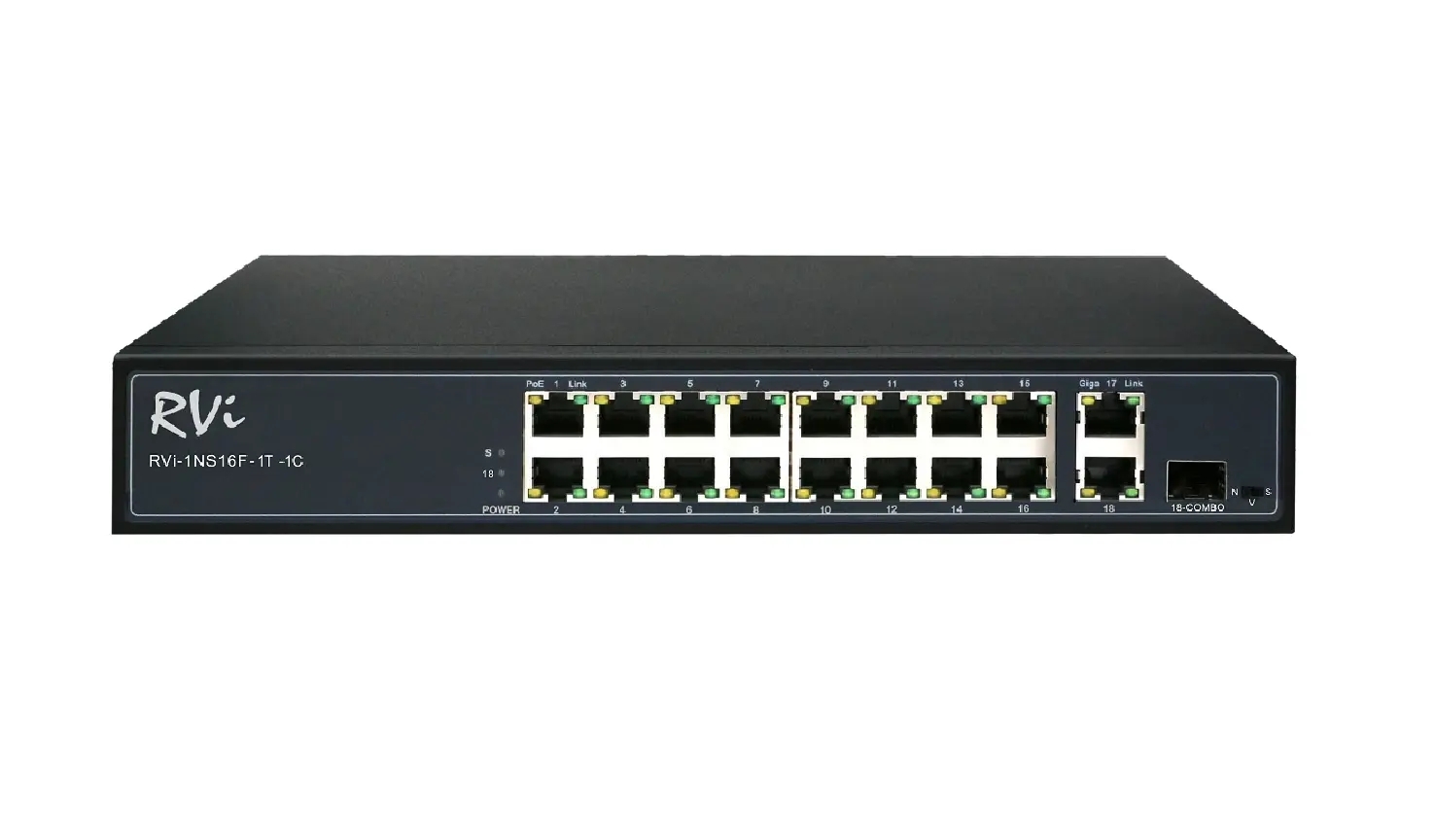Коммутатор RVi RVi-1NS16F-1T-1C, 16×100 Мбит/с PoE + 1×1 Гбит/с Uplink + 1×1 Гбит/с SFP (Combo), неуправляемый