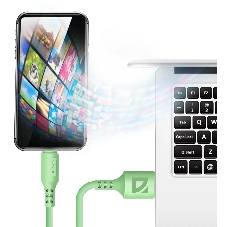 Кабель Defender F207, USB 2.0 (AM) - Type-C, 1 м, 2.4А, силиконовая оплетка, зеленый.