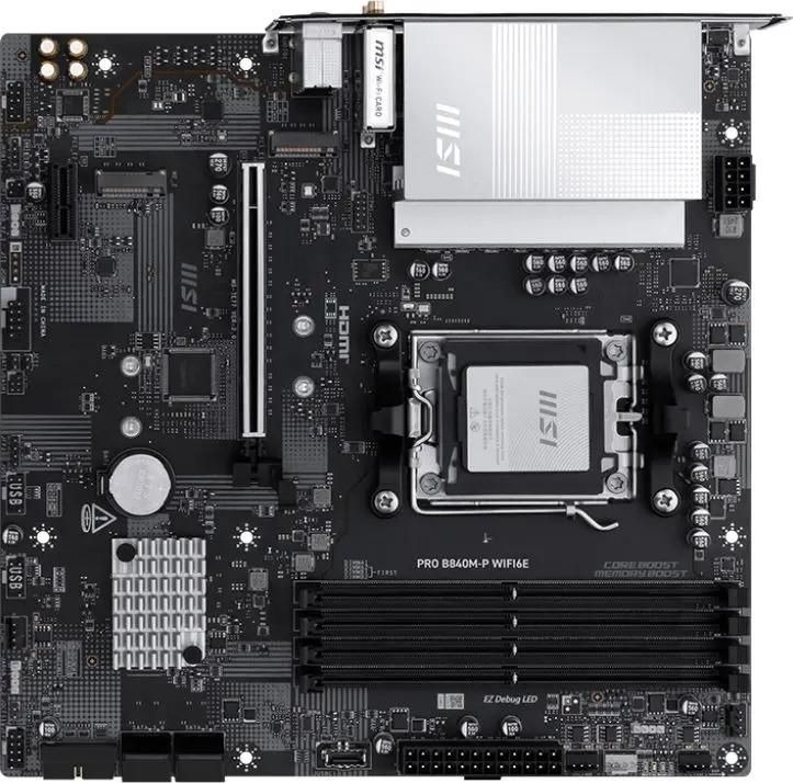 Материнская плата MSI PRO B840M-P WIFI6E, AM5, AMD B840, 4xDDR5, 4xSATA, 2xM.2, 1xPCIe 4.0 x16, 1xPCIe 3.0 x1, 1xHDMI, 1x2.5Gb LAN, Wi-Fi 6E, Bluetooth 5.3, 1xUSB-C 10Gbps, 1xUSB-A 10Gbps, 2xUSB-A 5Gbps, 4xUSB-A 2.0, 3x3.5 мм, 7.1, mATX