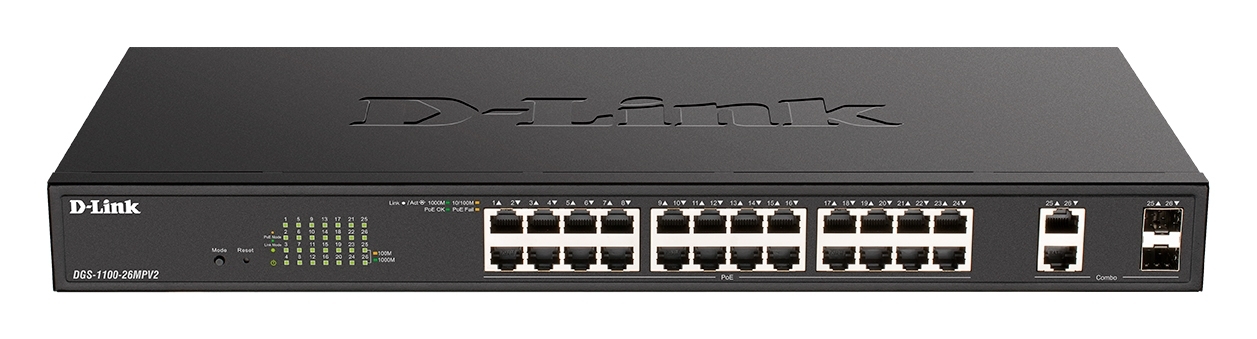 Коммутатор D-Link DGS-1100-26MPV2/A3A, 24×1 Гбит/с + 2×1 Гбит/с SFP, настраиваемый