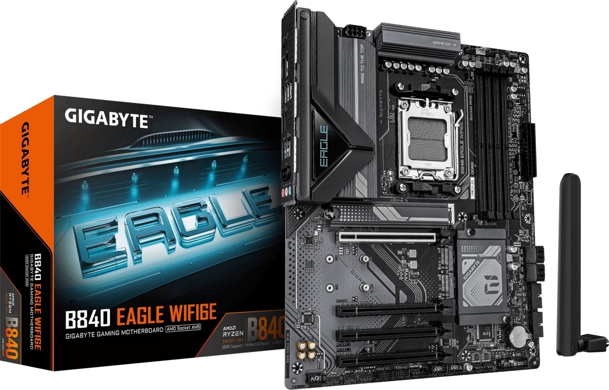 Материнская плата Gigabyte B840 EAGLE WIFI6E, AM5, AMD B840, 4xDDR5, 4xSATA, 3xM.2, 1xPCIe 4.0 x16, 3xPCIe 3.0 x16, 1xHDMI, 1xDP, 1x2.5Gb LAN, Wi-Fi 6E, Bluetooth 5.3, 1xUSB-C 10Gbps, 1xUSB-A 10Gbps, 2xUSB-A 5Gbps, 4xUSB-A 2.0, 3x3.5 мм, 7.1, ATX