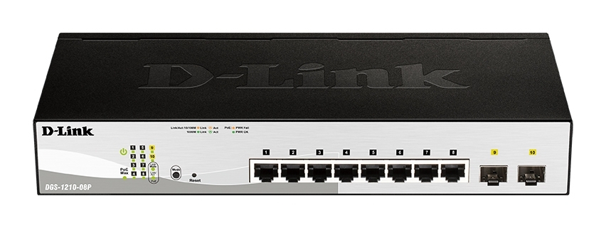 Коммутатор D-Link DGS-1210-08P/G3A, 8×1 Гбит/с PoE + 2×1 Гбит/с SFP, настраиваемый