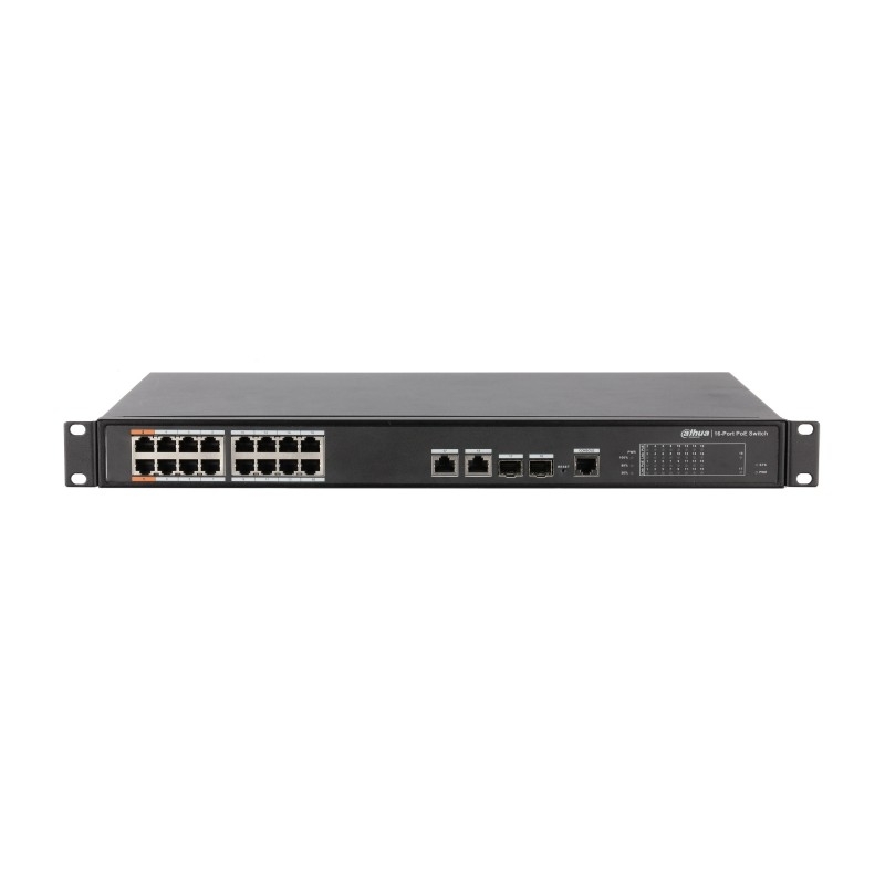 Коммутатор Dahua DH-PFS4218-16ET-190, 16×100 Мбит/с PoE + 2×1 Гбит/с Combo, управляемый