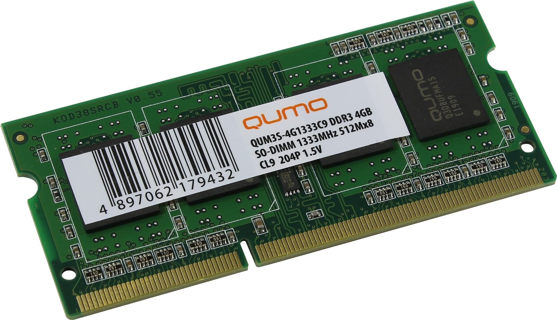 Оперативная память Qumo, DDR3, 4GB (1x4GB), 1333 MHz, CL9, без радиатора, SO-DIMM