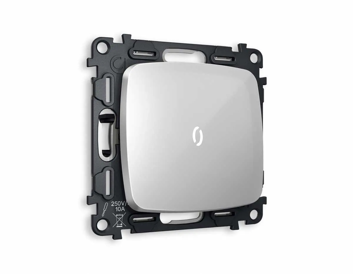 Комплект механизма 1-кл проходного выключателя с подсветкой 5600K OMEGA Серебро глянец QUANT (OP4020, VM105, G25W) MO402035