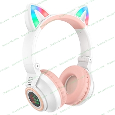 Беспроводные/проводные наушники Borofone BO18 белый/розовый, накладные, Bluetooth + проводной, кошачьи ушки, до 12 ч