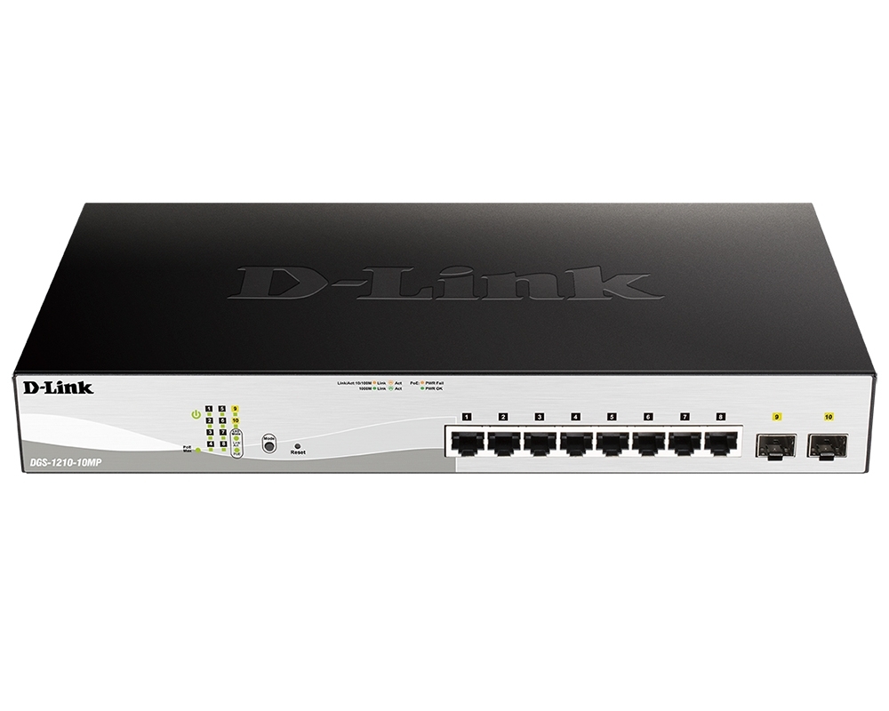 Коммутатор D-Link DGS-1210-10MP/F1A, 8×1 Гбит/с + 2×1 Гбит/с SFP, настраиваемый