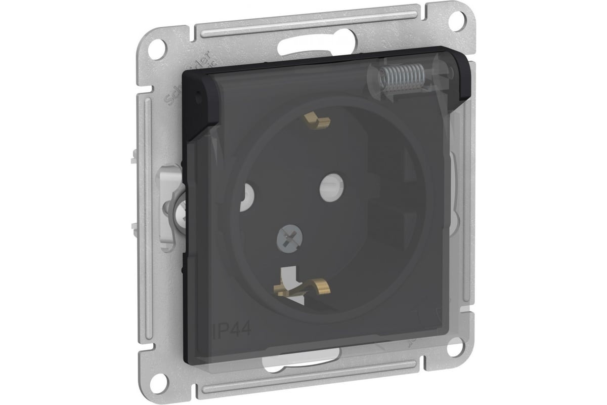Механизм розетки 1-м СП AtlasDesign Aqua 16А IP44 с заземл. защ. шторки с прозрачной крышкой карбон SchE ATN441046