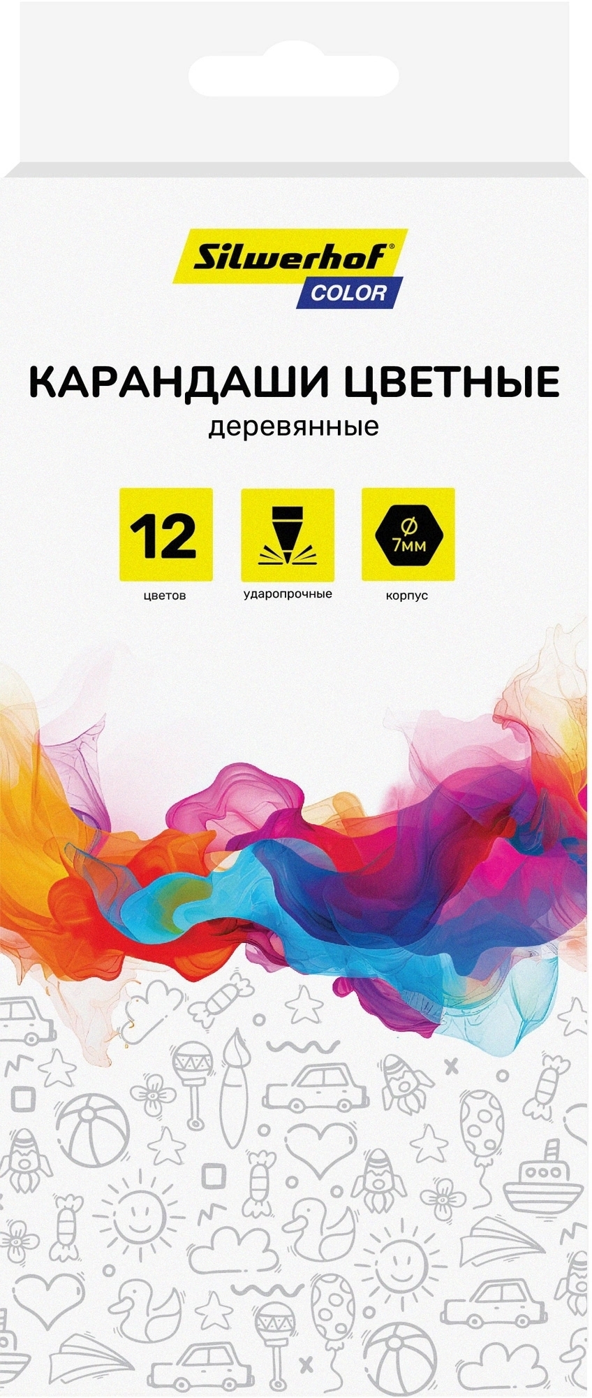 Карандаши цветные Silwerhof Color 2.8мм, шестигранный профиль, дерево, ассорти, 12 цветов, коробка с европодвесом