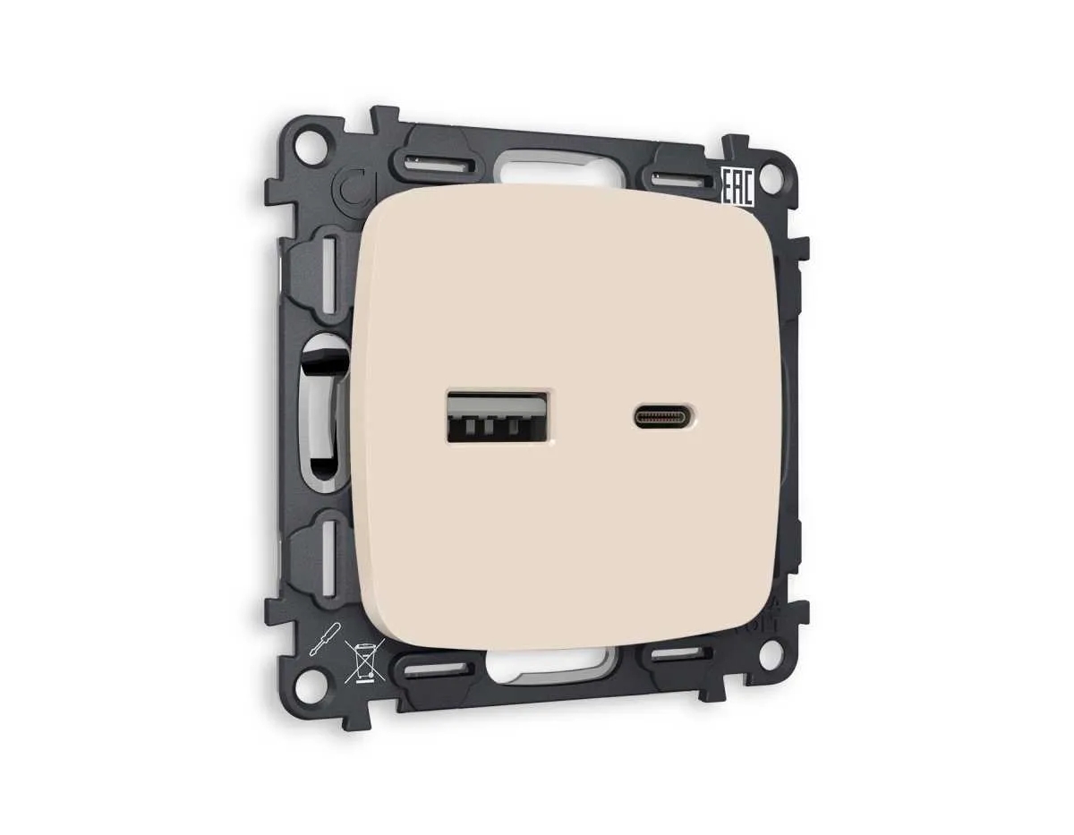 Комплект механизма розетки OMEGA Бежевый матовый 2USB A+C 20W (быстрая зарядка) QUANT (OP3310, VM177) MO331010