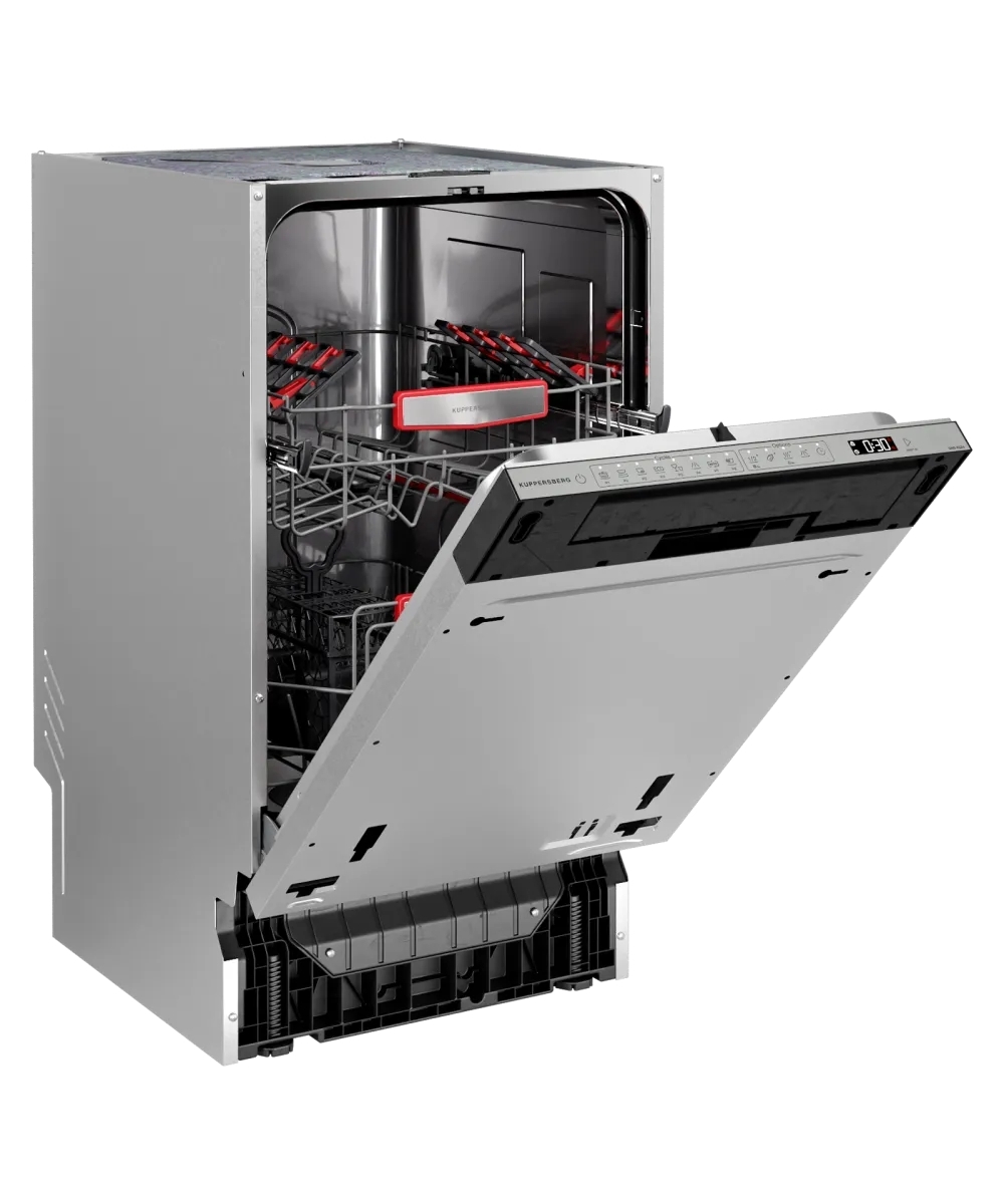 Встраиваемая посудомоечная машина Kuppersberg GHS 4526, High-Tech, 45 см, 10 комплектов, 3 корзины, 8 программ, отсрочка старта, автоматическое открывание двери, LED подсветка, сенсорное управление, луч на полу, половинная загрузка, UV-лампа, энергоэффективность А