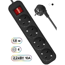 Удлинитель Defender G418 черный, 1.8 м, EURO, 4 розетки, 2200 Вт