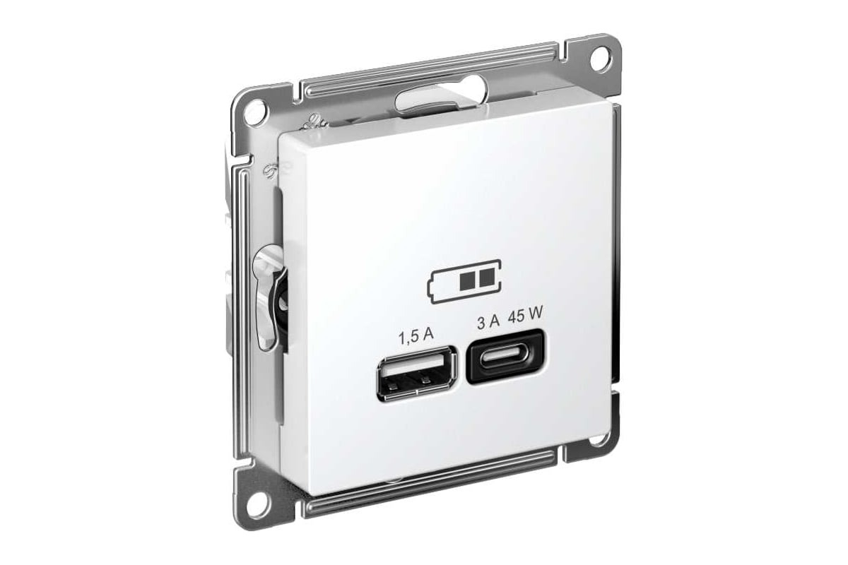 Розетка USB AtlasDesign тип A+C 45Вт QC PD высокоскор. ЗУ механизм бел. SE ATN000129