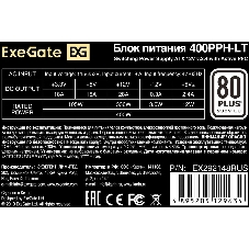 Блок питания ExeGate 400PPH-LT-OEM, 400W, 80 PLUS, (ATX, APFC, SC, КПД 82% (80 PLUS), 12cm fan, 24pin, (4+4)pin, PCI-E, 3xSATA, 3xIDE, черный, кабель 220V 1,8м с защитой от выдергивания, RTL)