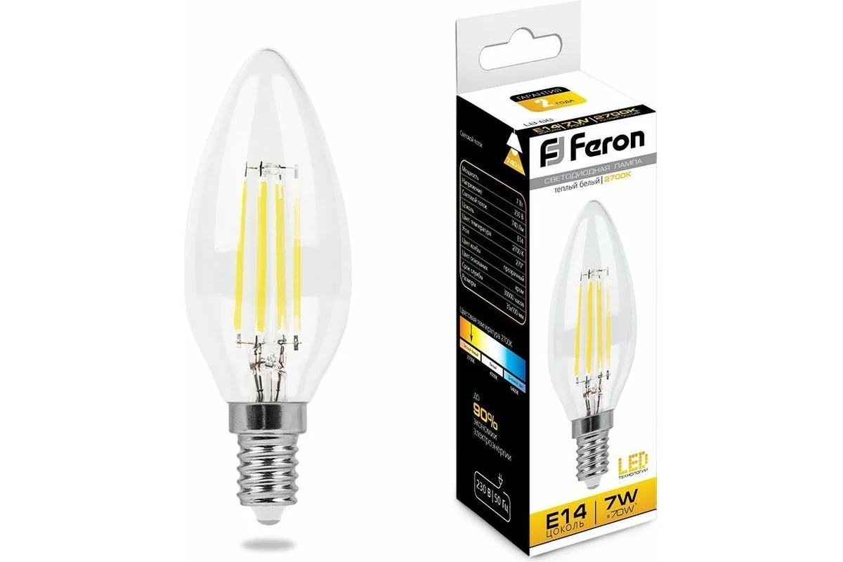 Лампа светодиодная Feron LB-66 7Вт Е14 теплый свеча FILAMENT