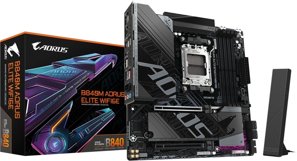 Материнская плата Gigabyte B840M AORUS ELITE WIFI6E, AM5, AMD B840, 4xDDR5, 4xSATA, 2xM.2, 1xPCIe 4.0 x16, 1xPCIe 3.0 x16, 1xHDMI, 1xDP, 1x2.5Gb LAN, Wi-Fi 6E, Bluetooth 5.3, 1xUSB-C 10Gbps, 1xUSB-C 5Gbps, 2xUSB-A 10Gbps, 2xUSB-A 5Gbps, 4xUSB-A 2.0, 1xPS/2, 3x3.5 мм, 7.1, mATX