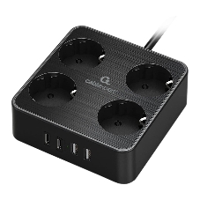 Сетевой фильтр Cablexpert Plate, PLT-4-C2U2-B-3, 4р, 10А, 2xType-C PD, 20Вт, 2xUSB, 2.4A, 3 м, ур. защиты 4+, черный, коробка