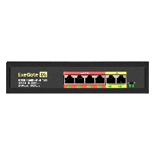 Коммутатор неуправляемый ExeGate EDES-1006D.4PoE-48W (6-портовый UTP 10/100 Base-Tx: 4 порта 802.3af (PoE), мощность PoE: 25W, суммарно 48W, 2 порта RJ45 uplink, настенный/настольный, металлический корпус)