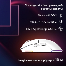 Мышь беспроводная Oklick 900GMW белый, 26000 dpi, радиоканал, Bluetooth, USB, кнопки - 6
