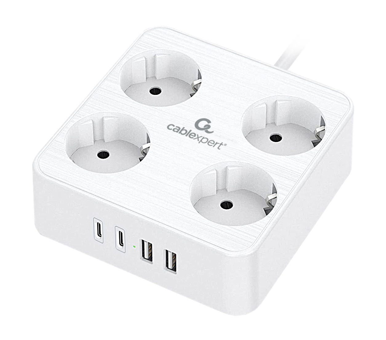 Сетевой фильтр Cablexpert Plate, PLT-4-C2U2-W-3, 4р, 10А, 2xType-C PD, 20Вт, 2xUSB, 2.4A, 3 м, ур. защиты 4+, белый, коробка
