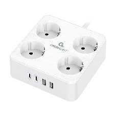 Сетевой фильтр Cablexpert Plate, PLT-4-C2U2-W-3, 4р, 10А, 2xType-C PD, 20Вт, 2xUSB, 2.4A, 3 м, ур. защиты 4+, белый, коробка
