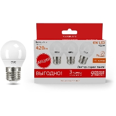 Лампа cветодиодная Gauss Elementary Шар 6W 3000K E27 (3 лампы в упаковке) LED 1/40