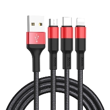 Кабель HOCO USB X26 Xpress 3 в 1 для Lightning, Micro USB, Type-C, 2.0A, 1 м, черный с красным
