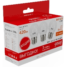 Лампа cветодиодная Gauss Elementary Шар 6W 3000K E27 (3 лампы в упаковке) LED 1/40