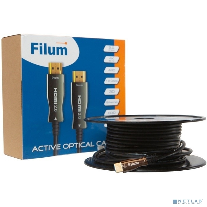 Кабель Filum HDMI активный, оптический, 20 м, 4K/60HZ, v.2.0, ARC, 19M/19M, черный, коробка, (FL-AOC-HDMI2.0-20M)