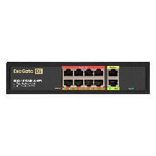 Коммутатор неуправляемый ExeGate EDES-1010D.8PoE-96W (10-портовый UTP 10/100 Base-Tx: 8 портов IEEE 802.3af (PoE), мощность PoE: 25W, суммарно 96W, 2 порта RJ45 uplink, настенный/настольный, металлический корпус)