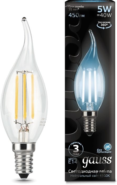 Лампа светодиодная филаментная Gauss Filament 5Вт цок.:E14 свеча 220B 4100K св.свеч.бел.ней. (упак.:10шт)