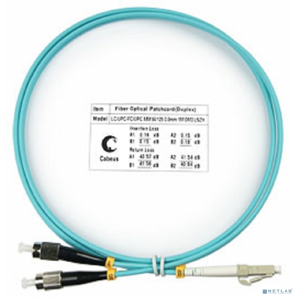 Комм. шнур оптический Cabeus Tight Buffer, Duplex LC/FC, OM3 50/125, LSZH, 1м, Ø 3мм, чёрный хвостовик, цвет: аква
