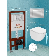 Комплект BAU 6 в 1: инсталляция BAU PRO, унитаз подвесной безободковый Bau Dream 49,5х36, сиденье дюропласт микролифт, клавиша BAU Stil, хром
