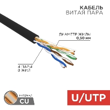 Кабель витая пара Rexant U/UTP, cat.5e, PE, 4PR, 24AWG, OUTDOOR, SOLID, черный, 305м