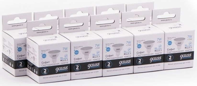 Лампа светодиодная Gauss Elementary MR16 7Вт цок.: GU5.3 спот 220B 4100K св. свеч. белый ней. MR16 (упак.: 10 шт)