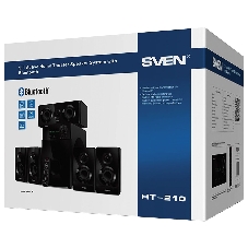 Аудиоколонки SVEN HT-210, черный, акустическая система 5.1, мощность (RMS):50Вт+5x15Вт, Bluetooth, Optical, Coaxial, FM-тюнер, USB/SD, дисплей, ПДУ