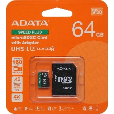 Флеш карта microSD A-DATA 64Gb microSDXC Class 10 UHS-I U3 V30 A2 160/140 MB/s (SD адаптер)