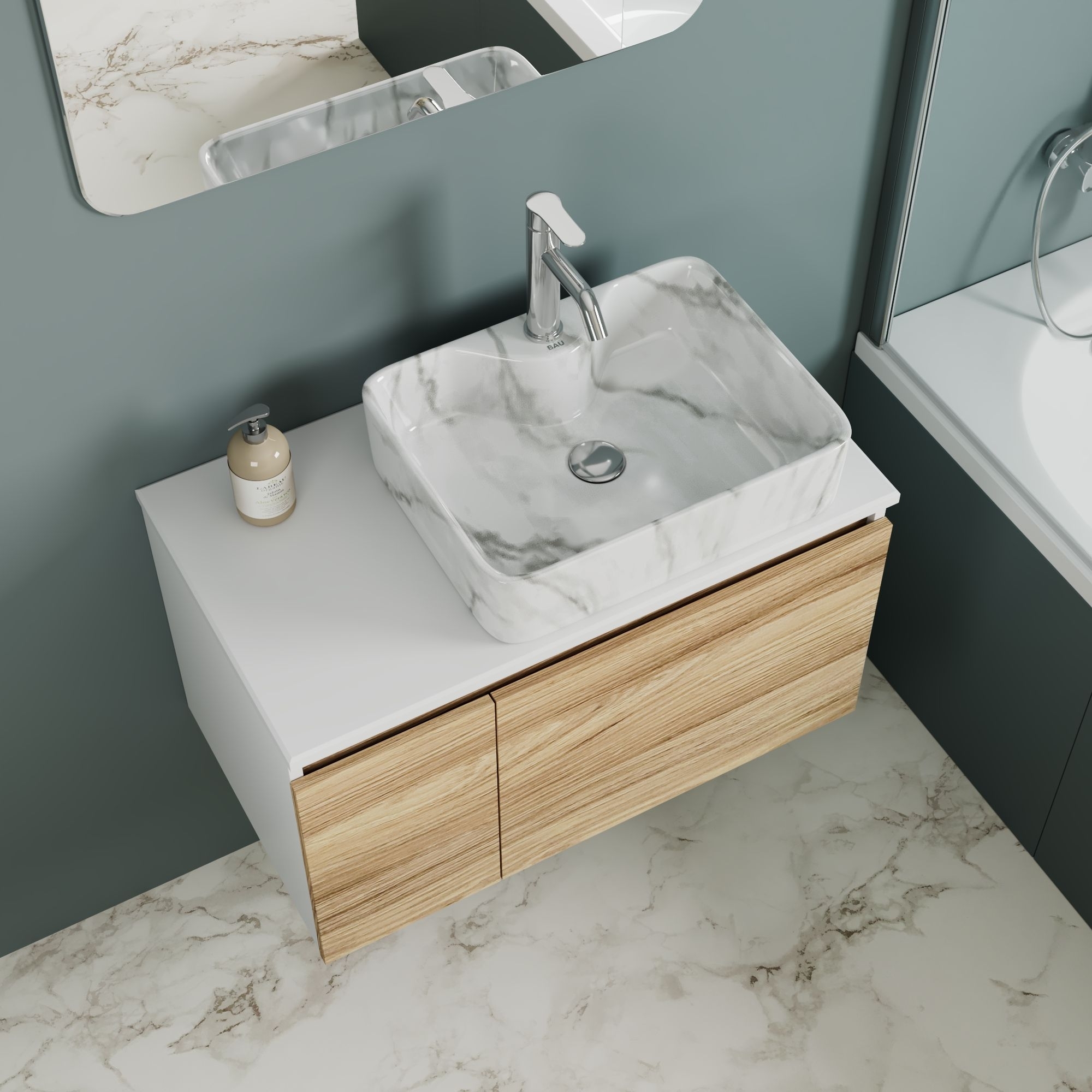 Комплект: тумба Bau Dream Blackwood 80, раковина прямоугольная BAU Cerama 48х37, мрамор, смеситель Hotel Dream, нерж сталь, выпуск клик клак хром