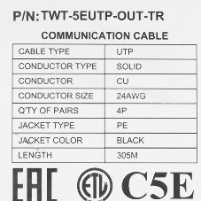 Кабель информационный Lanmaster TWT-5EUTP-OUT-TR кат.5е U/UTP не экранированный 4X2X24AWG PE внешний 305м черный