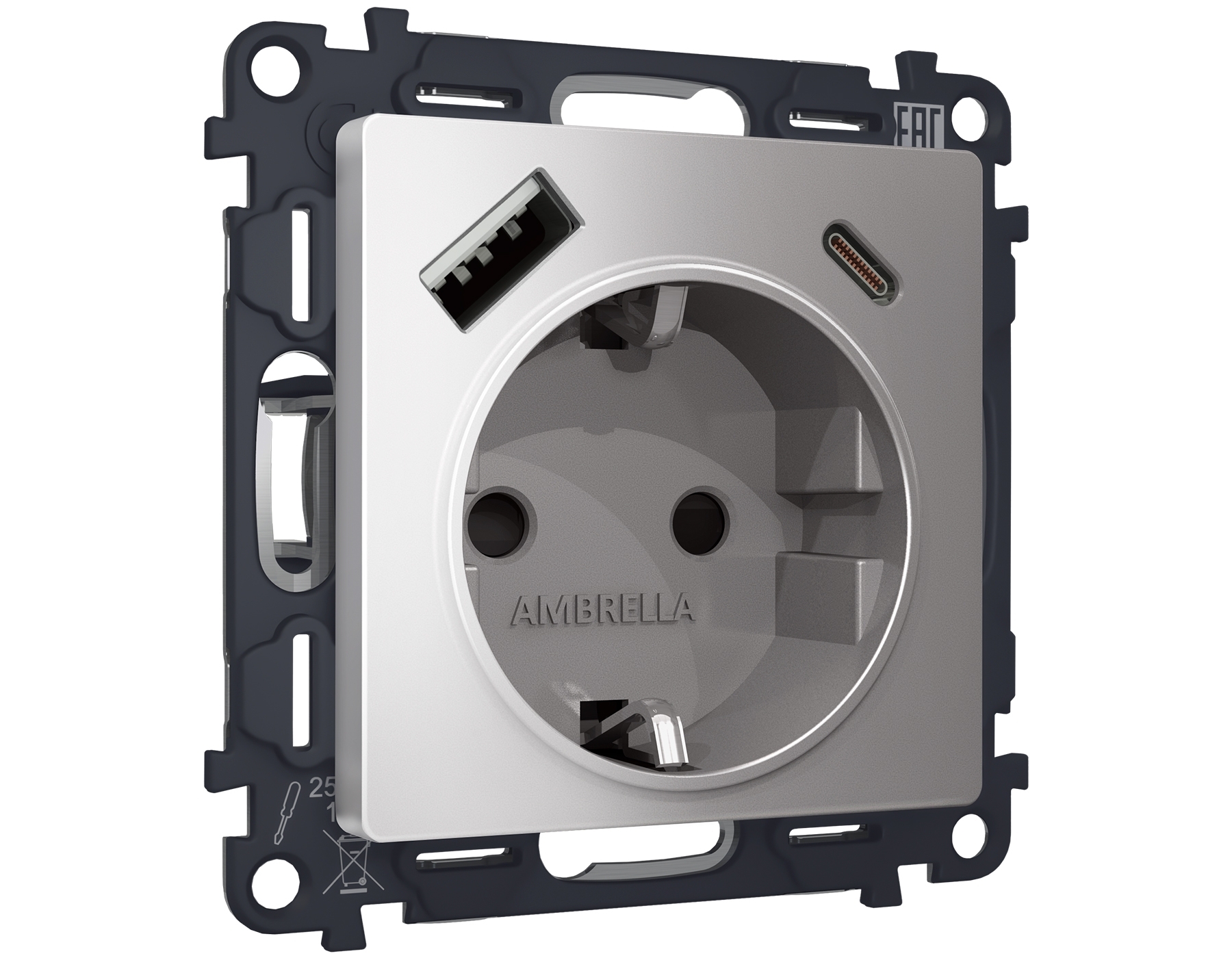 Комплект механизма электрической розетки ALFA Сталь матовый 2USB A+C 20W (быстрая зарядка) с/з QUANT (AP5100, VM160) MA510010