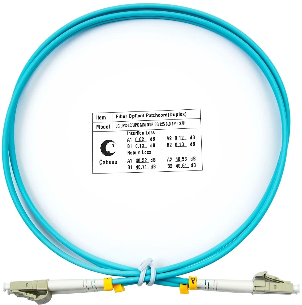 Патч-корд оптический Cabeus Tight Buffer, Duplex LC/LC, OM3 50/125, LSZH, 1м, d= 3мм, серый хвостовик, аква