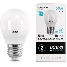Лампа светодиодная Gauss Elementary 8Вт цок.:E27 шар 220B 4100K св.свеч.бел.ней. (упак.:10шт) (53228)